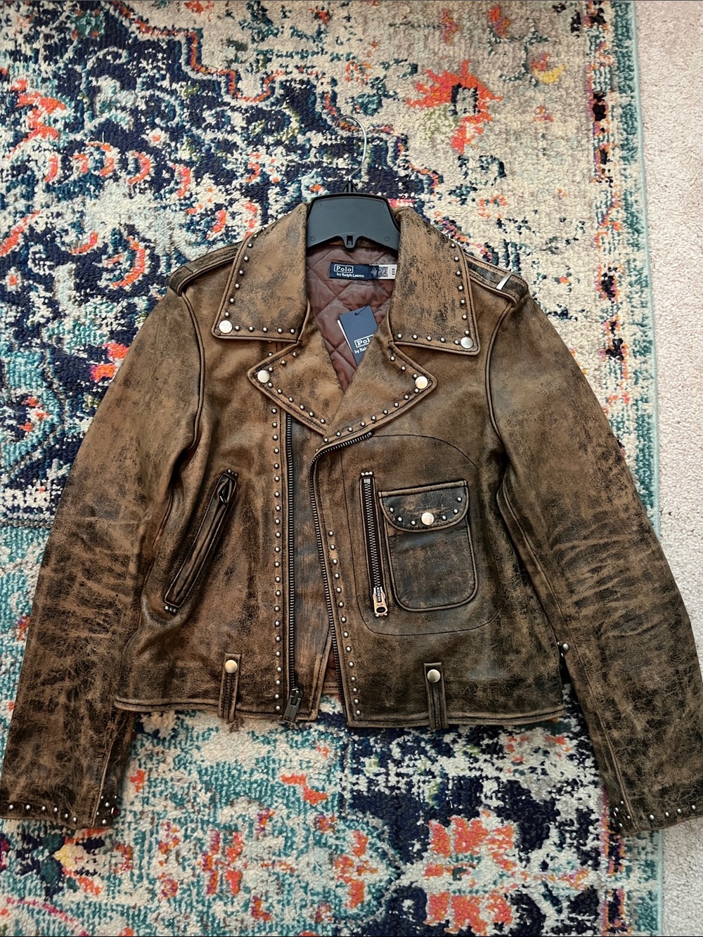 Polo by Ralph Lauren Distressed Brown Studded Leather Jacket Size M NWT